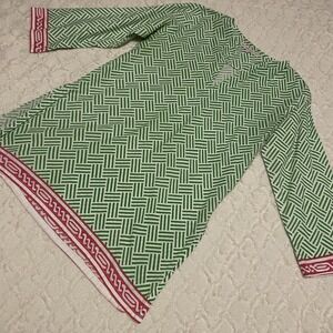 Barbara Gerwit Small Green White Pink Tunic Shirt Vneck Longsleeved